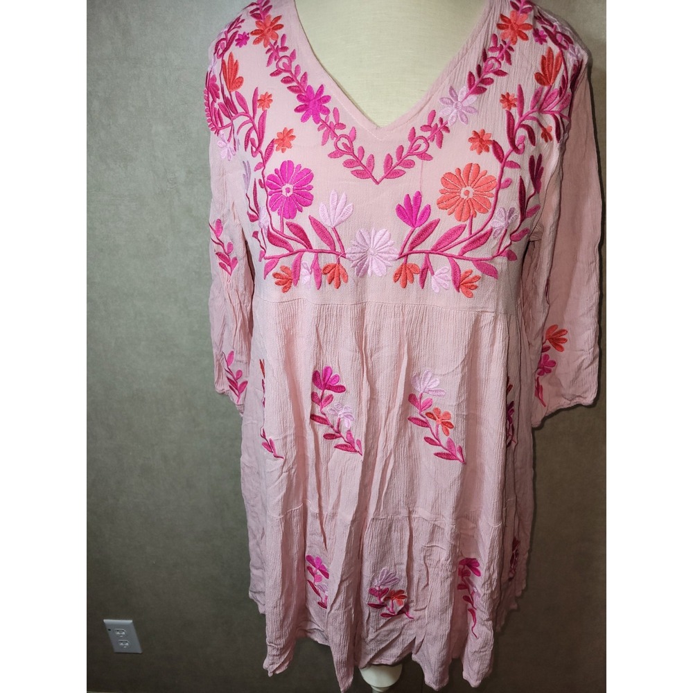 J. Marie Boho Tunic Dress Pink Embroidered Floral V-Neck Peasant Top Size M